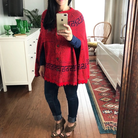 Vintage cape poncho Dutch retro 70’s Red & Blue - Picture 1 of 8